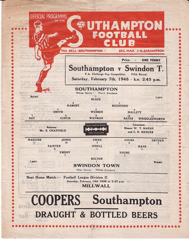 <b>Saturday, February 7, 1948</b><br />vs. Southampton (Away)